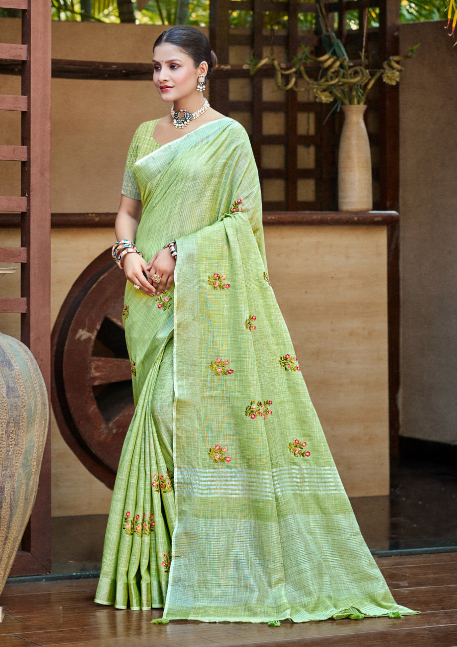 Sangam Prints Olive Green Linen Woven Work Traditional Saree