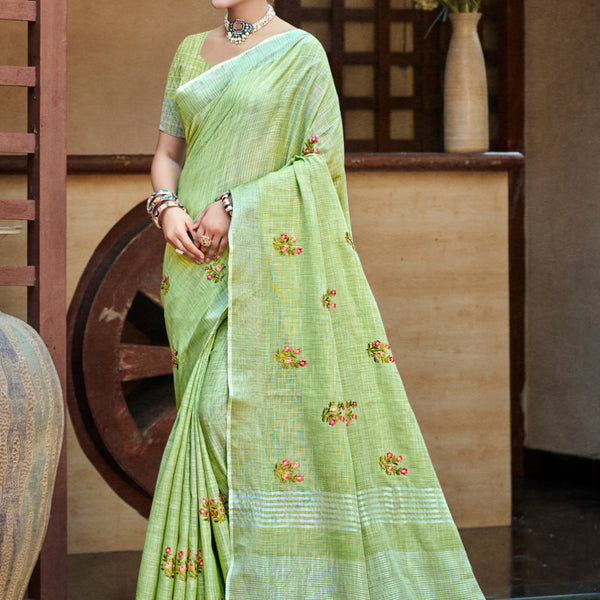Sangam Prints Olive Green Linen Woven Work Traditional Saree - Distacart