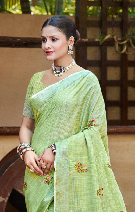 Sangam Prints Olive Green Linen Woven Work Traditional Saree