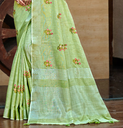 Sangam Prints Olive Green Linen Woven Work Traditional Saree - Distacart