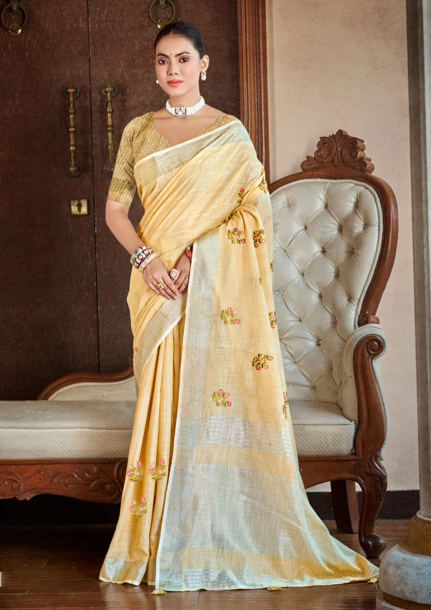Sangam Prints Mustard Linen Woven Work Traditional Saree