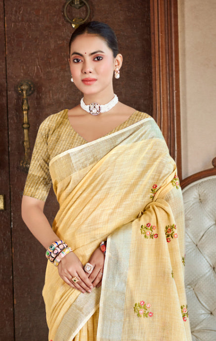 Sangam Prints Mustard Linen Woven Work Traditional Saree