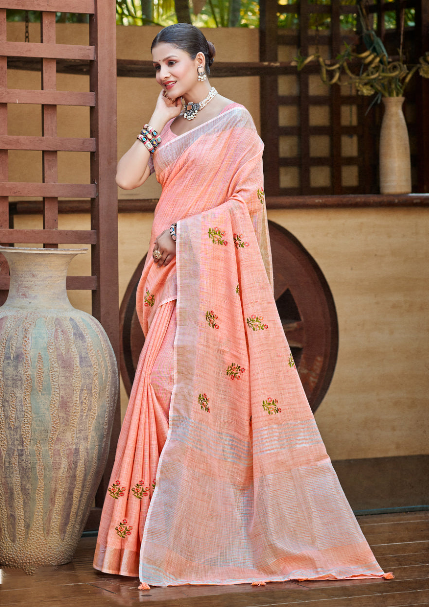 Sangam Prints Peach Linen Woven Work Traditional Saree
