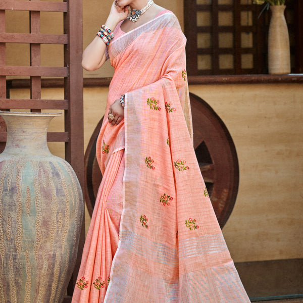 Sangam Prints Peach Linen Woven Work Traditional Saree