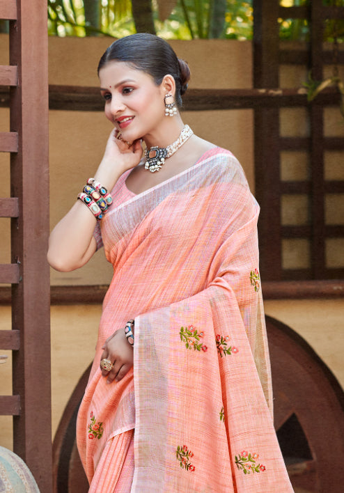 Sangam Prints Peach Linen Woven Work Traditional Saree