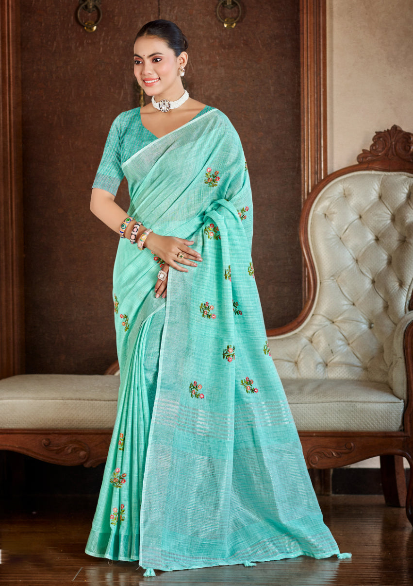 Sangam Prints Sea Green Linen Woven Work Traditional Saree