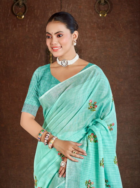 Sangam Prints Sea Green Linen Woven Work Traditional Saree