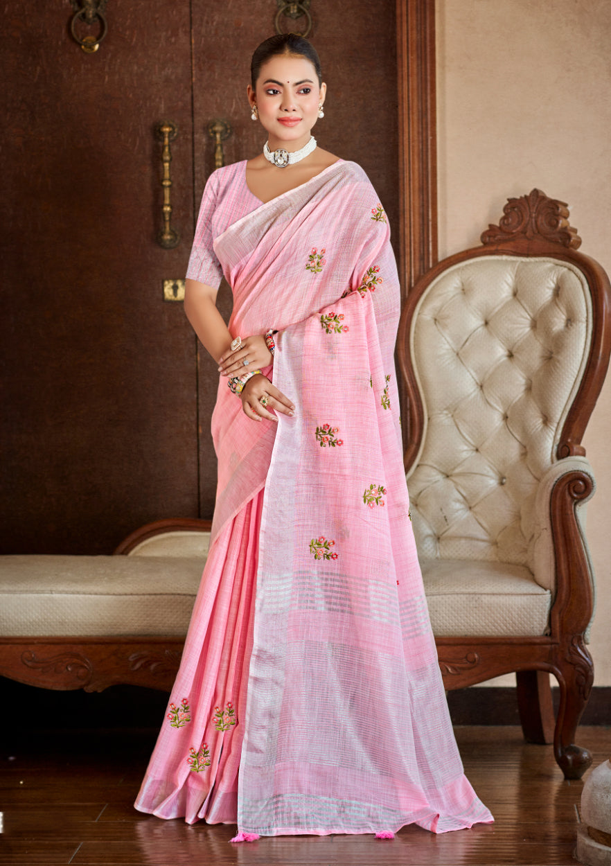 Sangam Prints Pink Linen Woven Work Traditional Saree