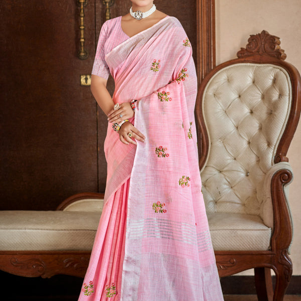 Sangam Prints Pink Linen Woven Work Traditional Saree