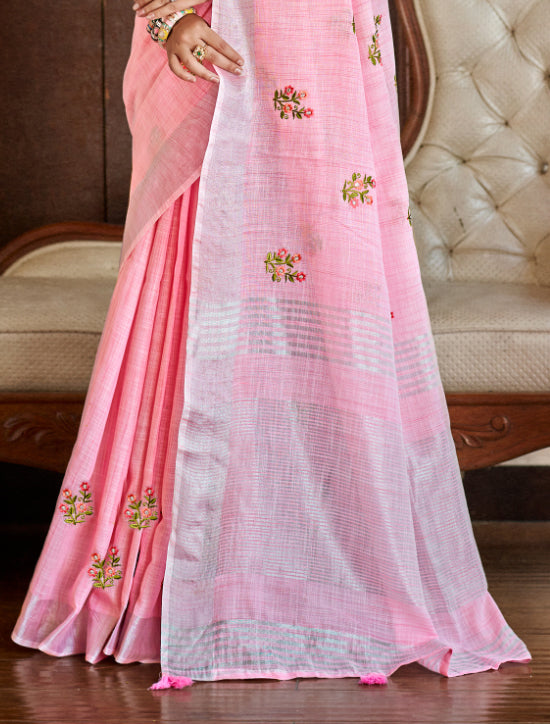 Sangam Prints Pink Linen Woven Work Traditional Saree - Distacart
