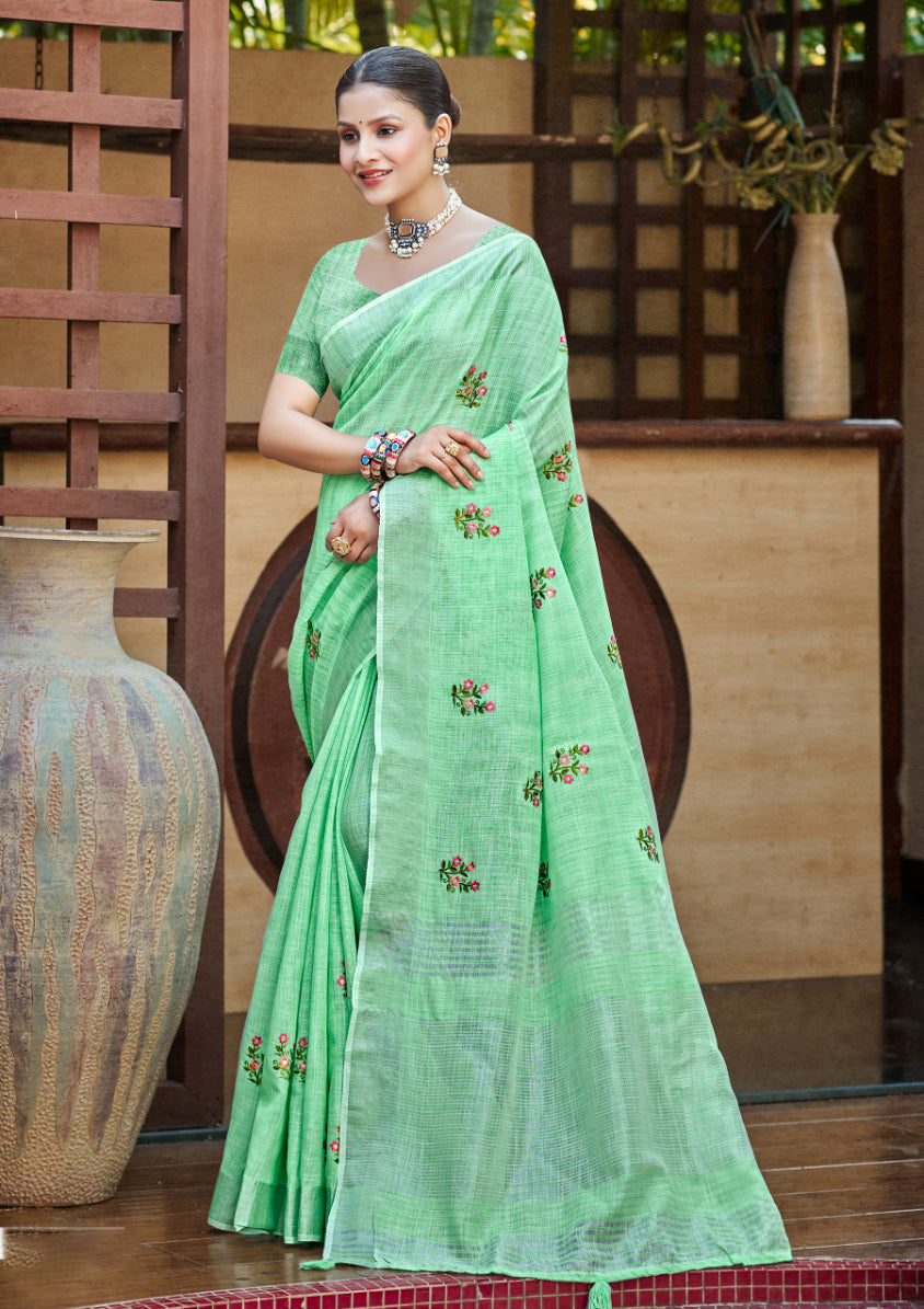 Sangam Prints Bottle Green Linen Woven Work Traditional Saree