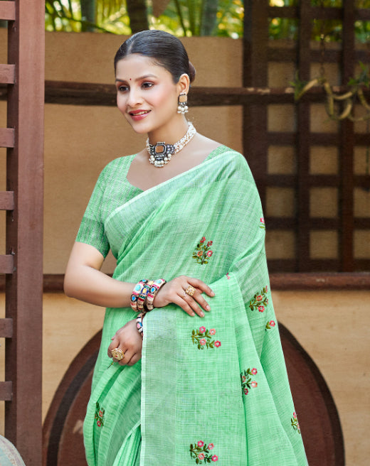 Sangam Prints Bottle Green Linen Woven Work Traditional Saree