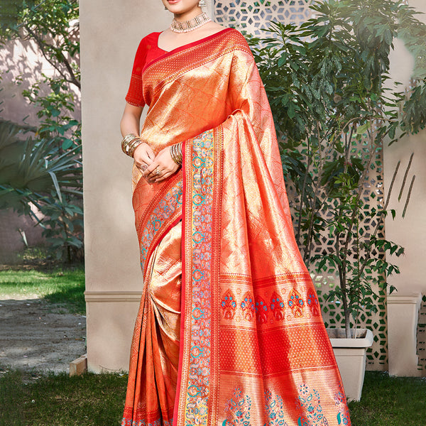 Sangam Prints Orange Kanjivaram Silk Woven Work Traditional Saree
