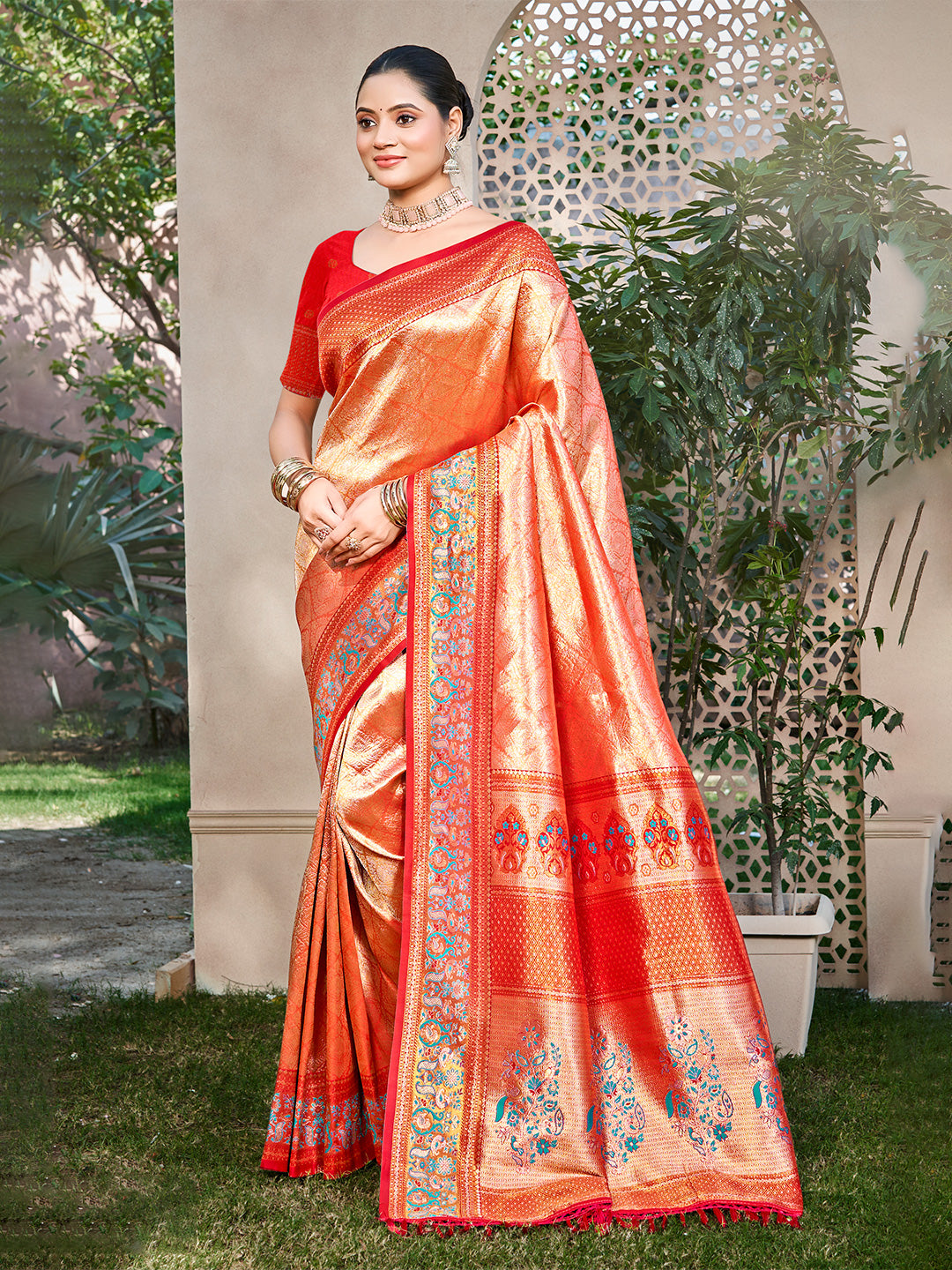 Sangam Prints Orange Kanjivaram Silk Woven Work Traditional Saree - Distacart