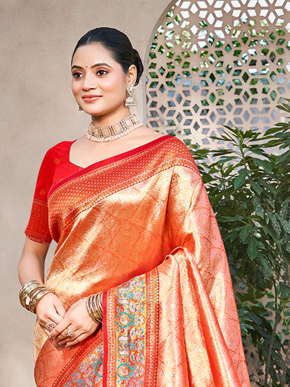 Sangam Prints Orange Kanjivaram Silk Woven Work Traditional Saree - Distacart