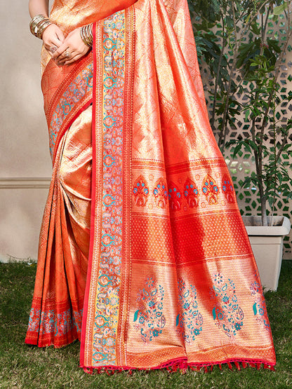 Sangam Prints Orange Kanjivaram Silk Woven Work Traditional Saree - Distacart
