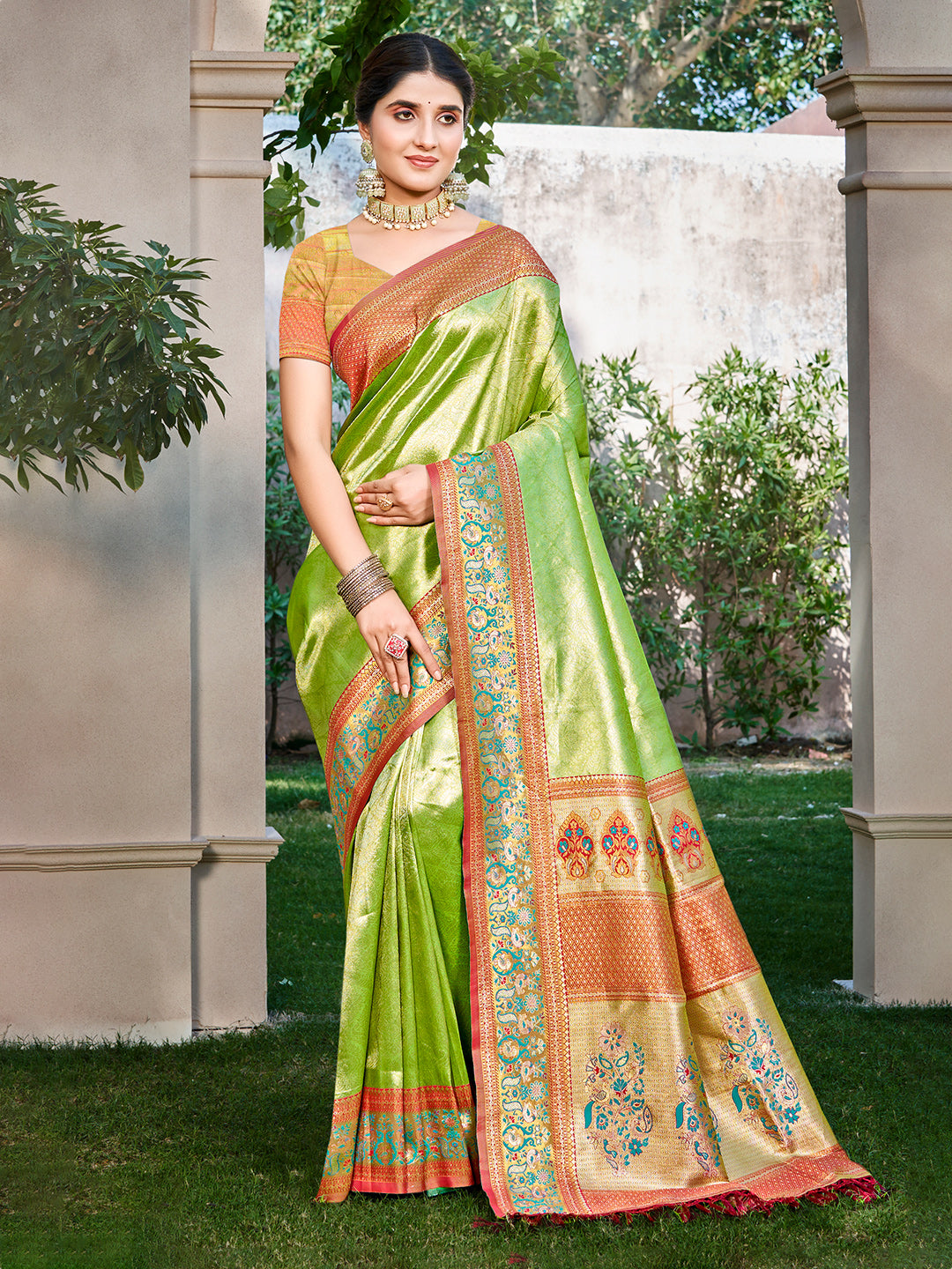 Sangam Prints Green Kanjivaram Silk Woven Work Traditional Saree - Distacart