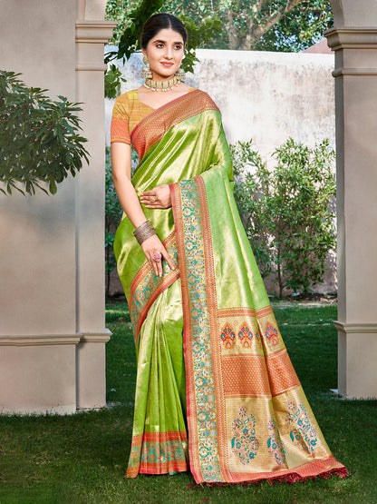 Sangam Prints Green Kanjivaram Silk Woven Work Traditional Saree - Distacart
