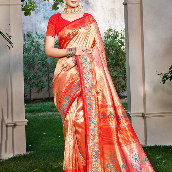 Sangam Prints Red Kanjivaram Silk Woven Work Traditional Saree