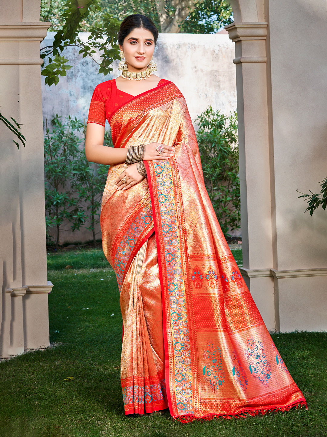 Sangam Prints Red Kanjivaram Silk Woven Work Traditional Saree - Distacart
