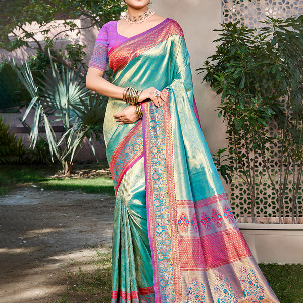 Sangam Prints Teal Kanjivaram Silk Woven Work Traditional Saree