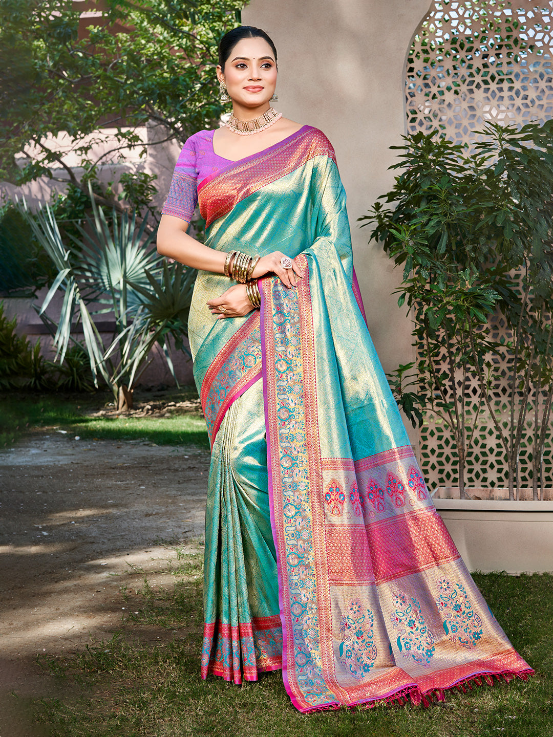 Sangam Prints Teal Kanjivaram Silk Woven Work Traditional Saree - Distacart