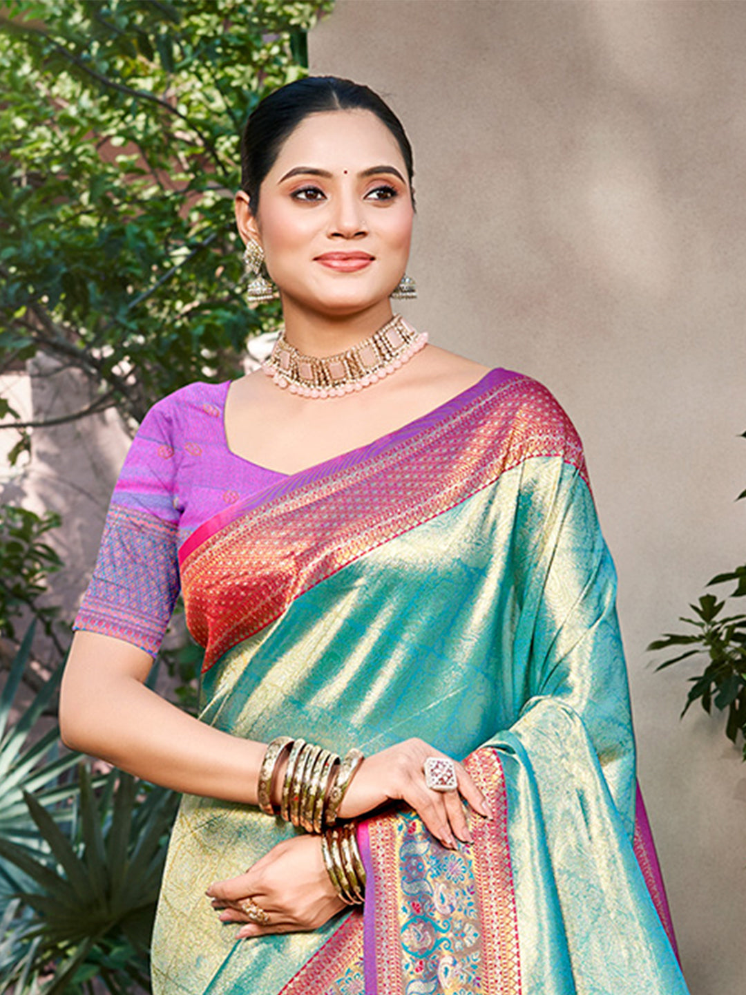 Sangam Prints Teal Kanjivaram Silk Woven Work Traditional Saree - Distacart