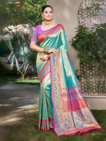 Thumbnail for Sangam Prints Teal Kanjivaram Silk Woven Work Traditional Saree