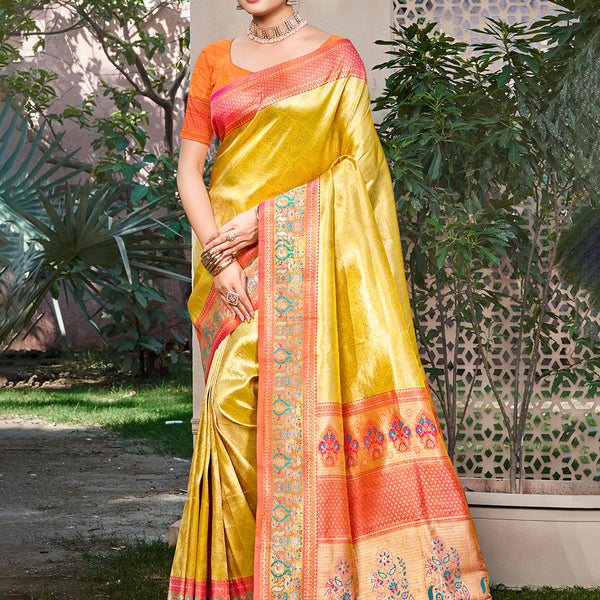 Sangam Prints Yellow Kanjivaram Silk Woven Work Traditional Saree