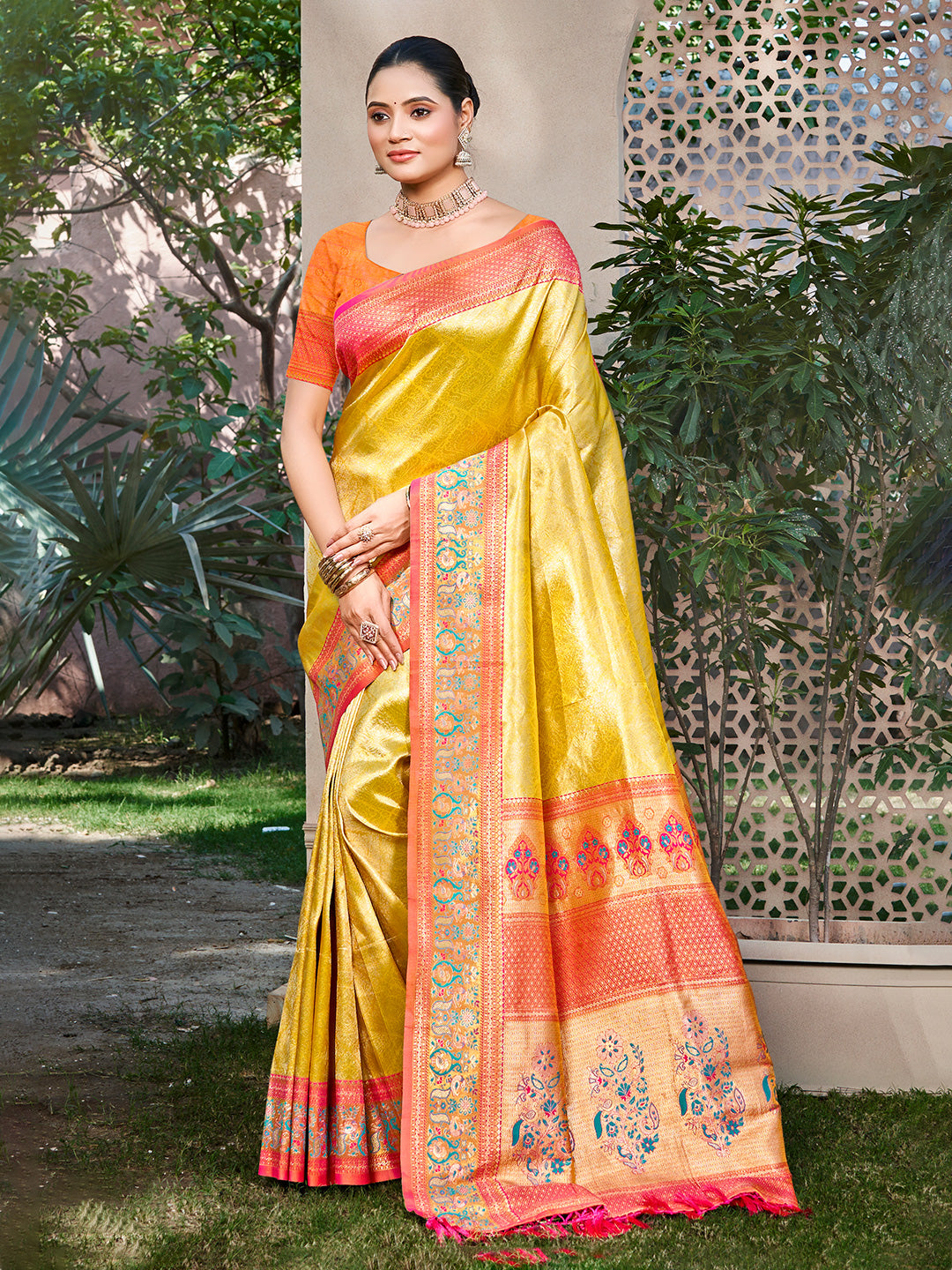 Sangam Prints Yellow Kanjivaram Silk Woven Work Traditional Saree - Distacart