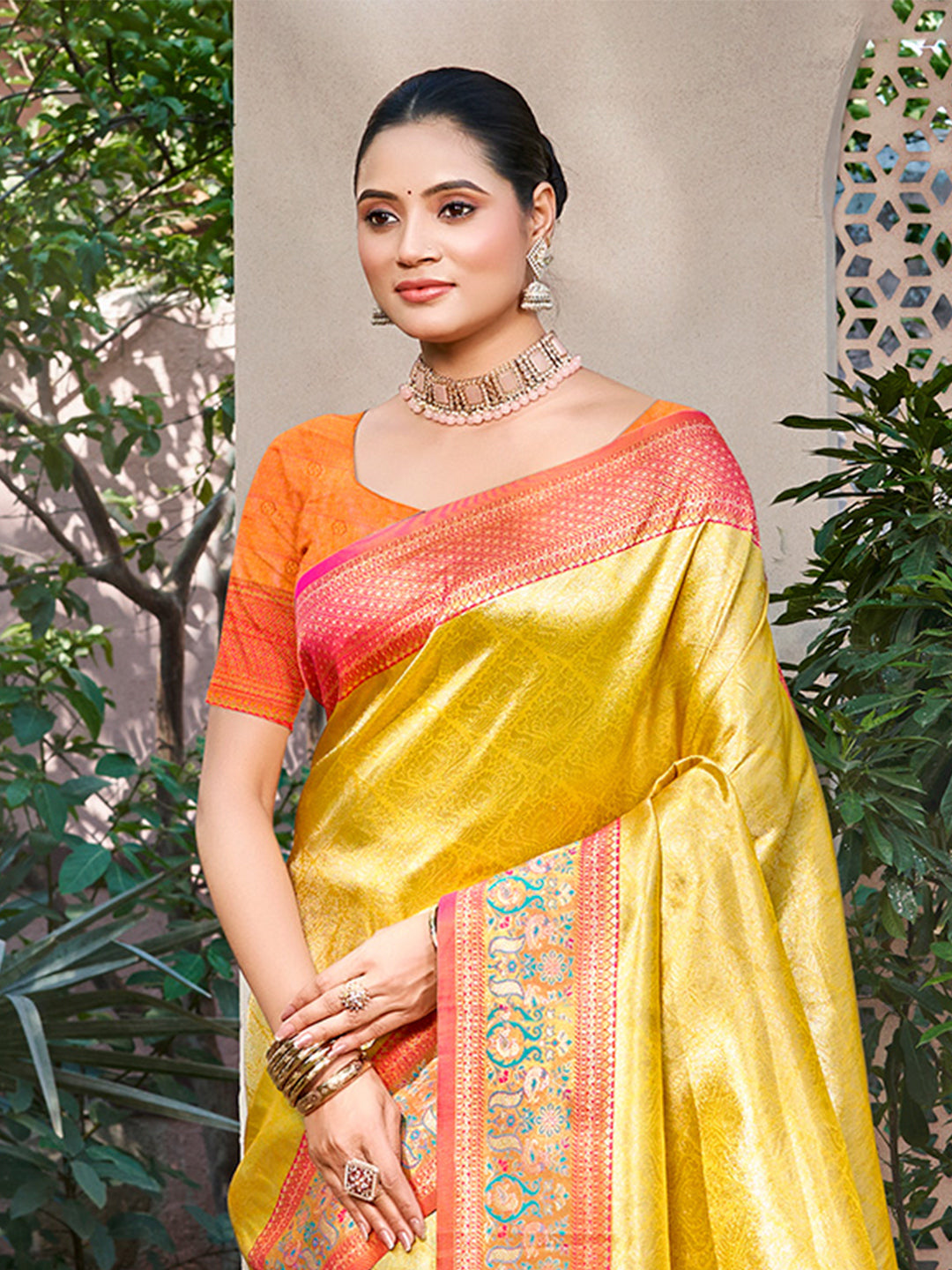 Sangam Prints Yellow Kanjivaram Silk Woven Work Traditional Saree - Distacart