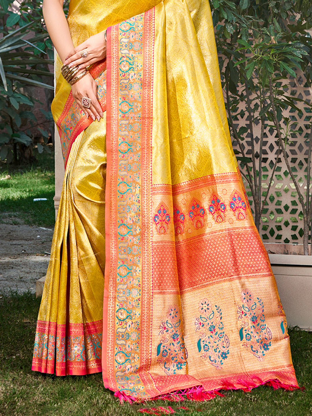 Sangam Prints Yellow Kanjivaram Silk Woven Work Traditional Saree