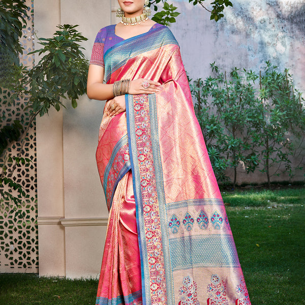 Sangam Prints Pink Kanjivaram Silk Woven Work Traditional Saree