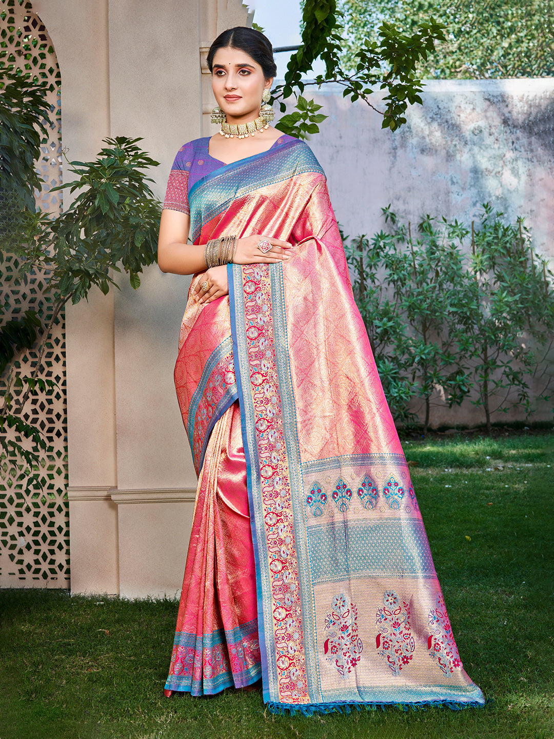 Sangam Prints Pink Kanjivaram Silk Woven Work Traditional Saree - Distacart