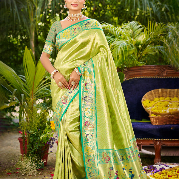 Sangam Prints Parrot Green Silk Woven Work Traditional Saree