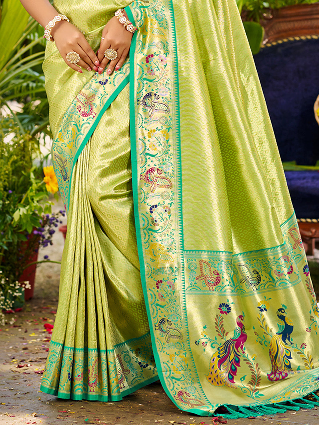 Sangam Prints Parrot Green Silk Woven Work Traditional Saree