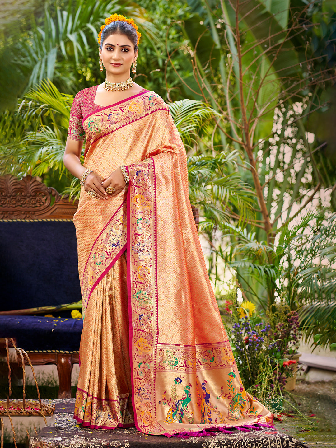 Sangam Prints Orange Silk Woven Work Traditional Saree