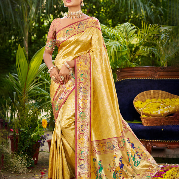 Sangam Prints Yellow Silk Woven Work Traditional Saree