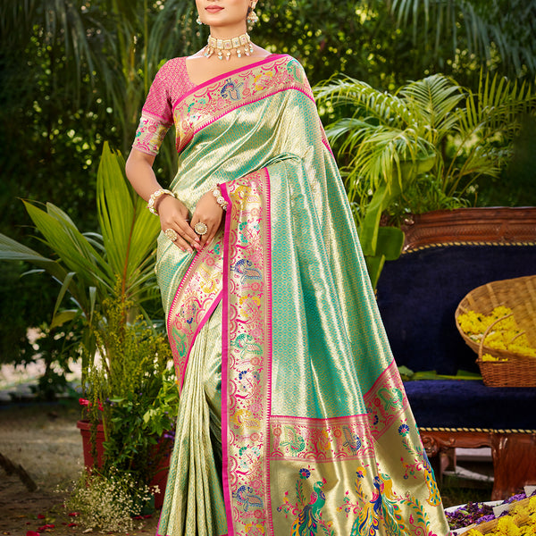 Sangam Prints Dark Green Silk Woven Work Traditional Saree