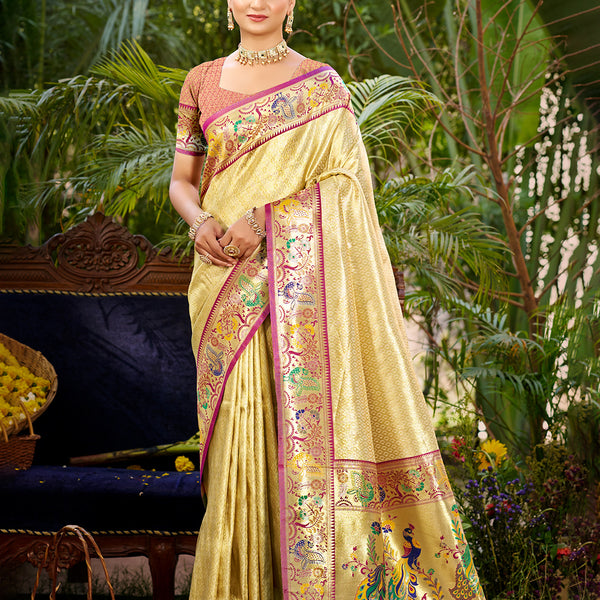 Sangam Prints Beige Silk Woven Work Traditional Saree