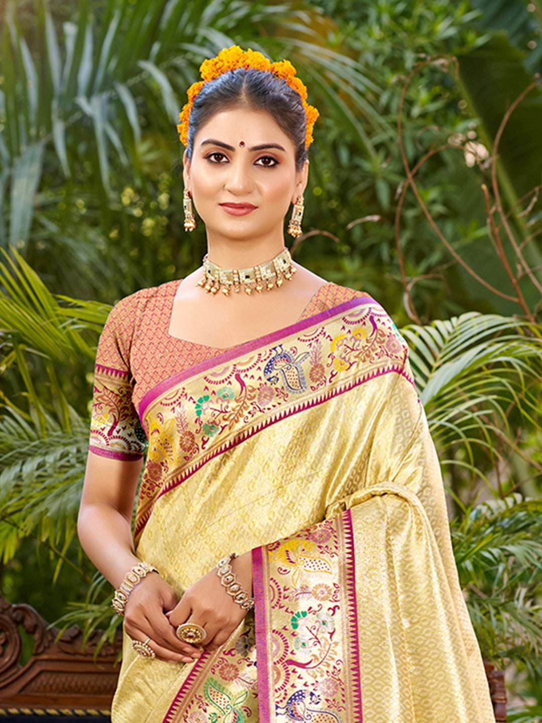 Sangam Prints Beige Silk Woven Work Traditional Saree - Distacart