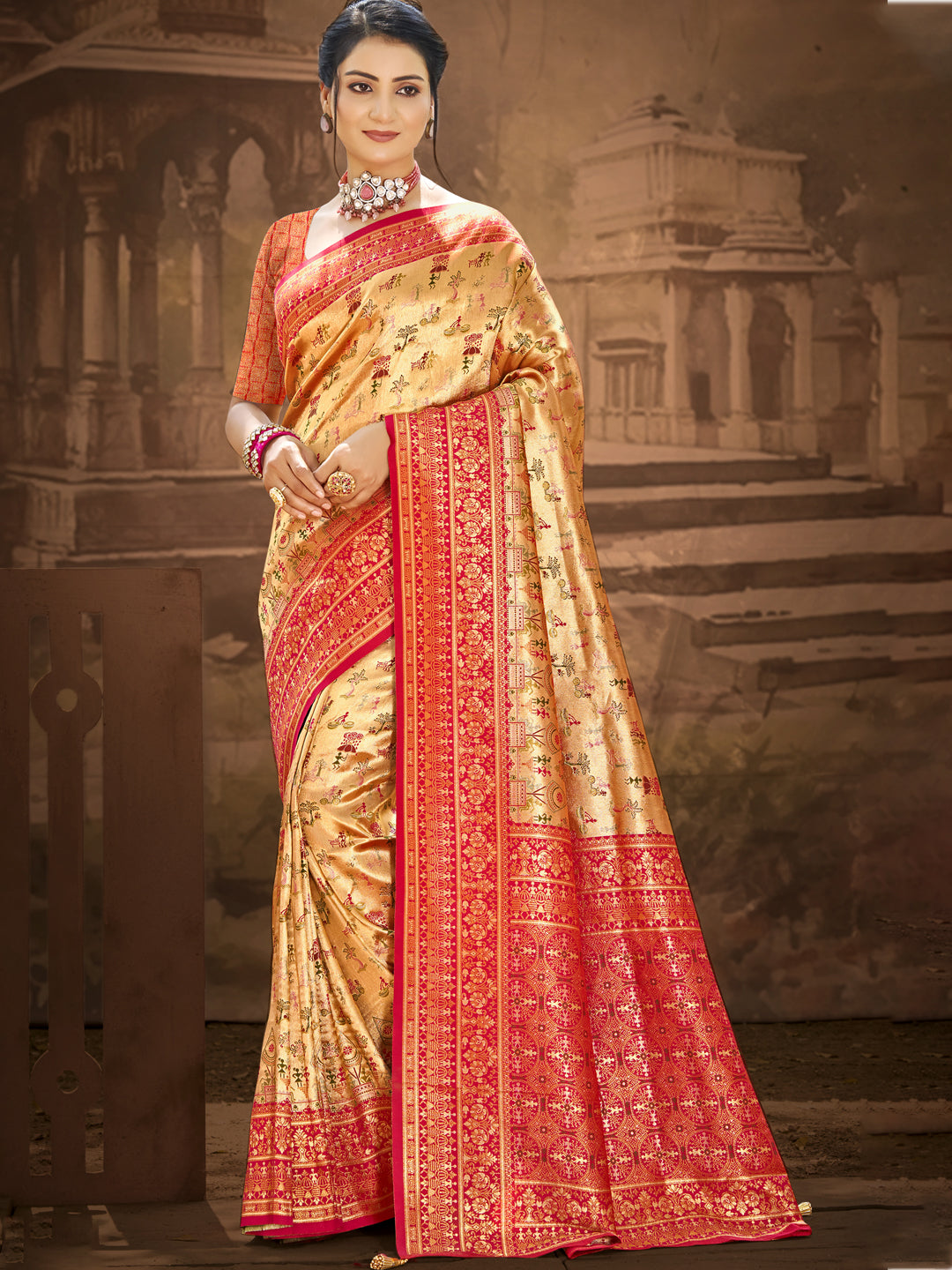 Sangam Prints Multi Color Dharmavaram Woven Work Traditional Saree - Distacart