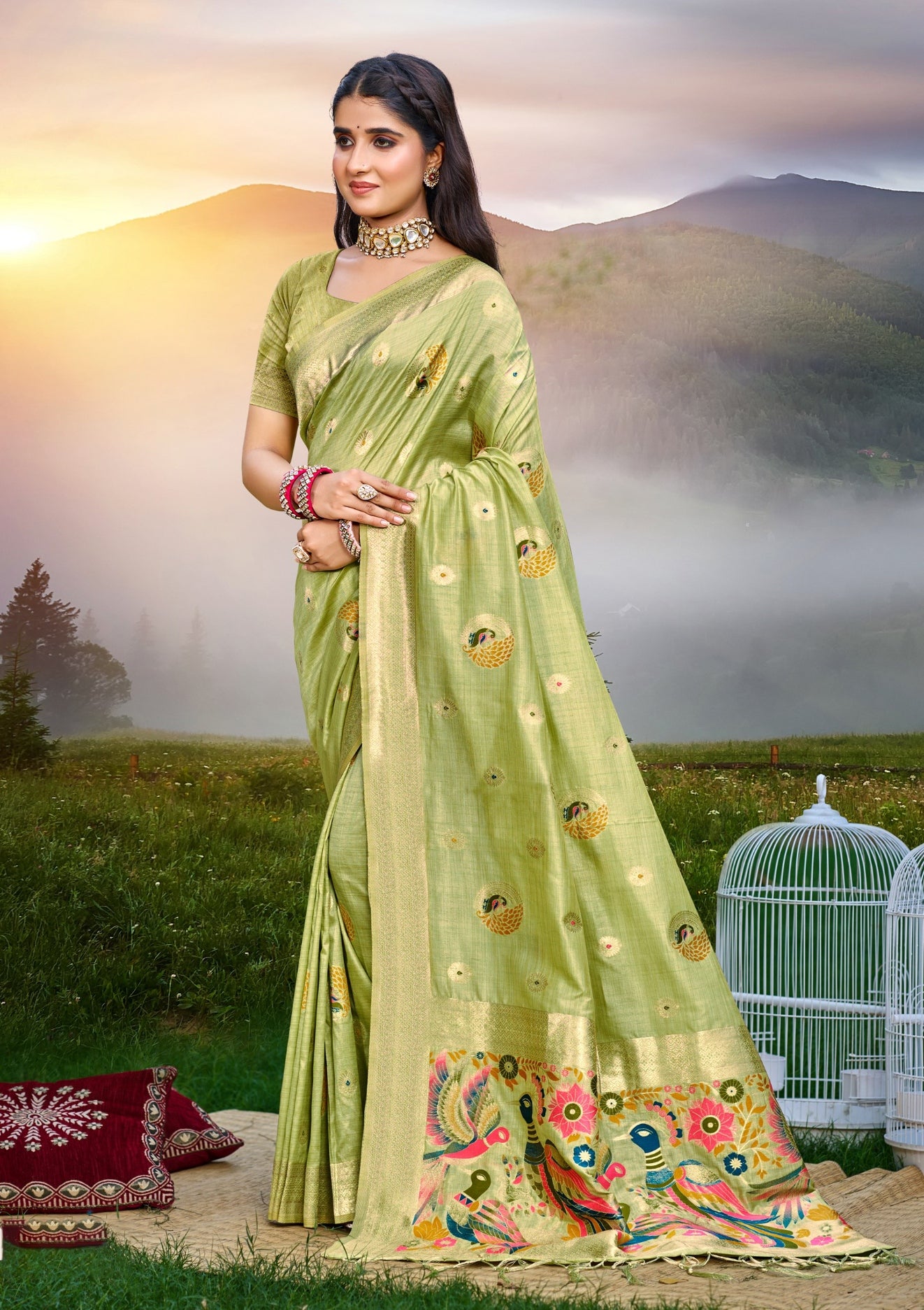 Sangam Prints Green Heavy Assam Silk Saree With Meena Woven Work Traditional Saree