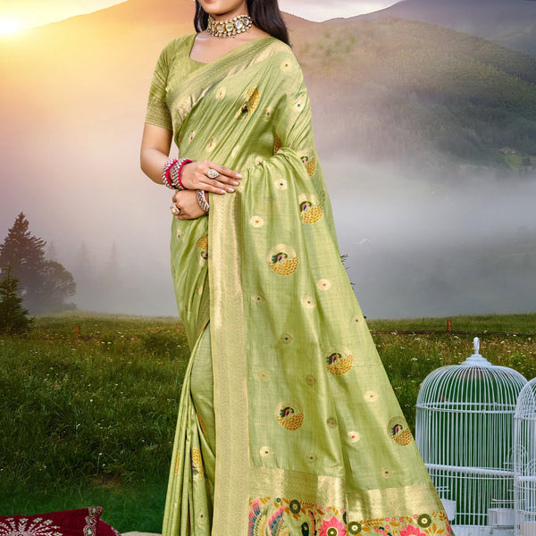 Sangam Prints Green Heavy Assam Silk Saree With Meena Woven Work Traditional Saree - Distacart