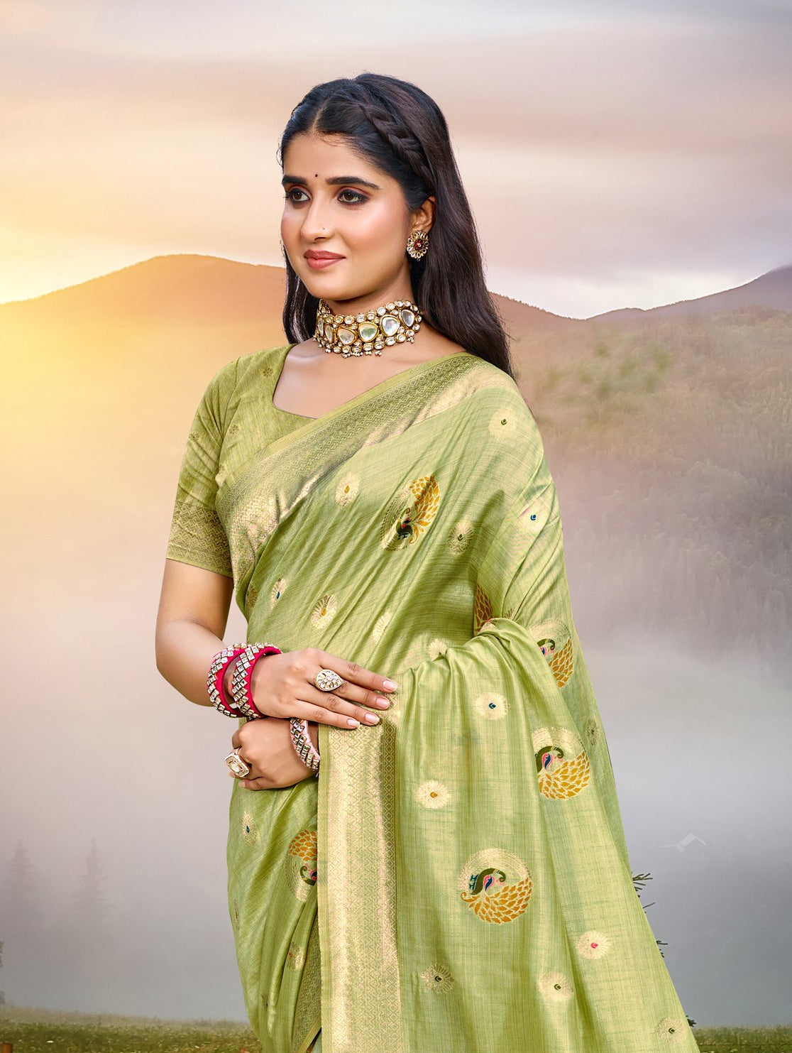 Sangam Prints Green Heavy Assam Silk Saree With Meena Woven Work Traditional Saree