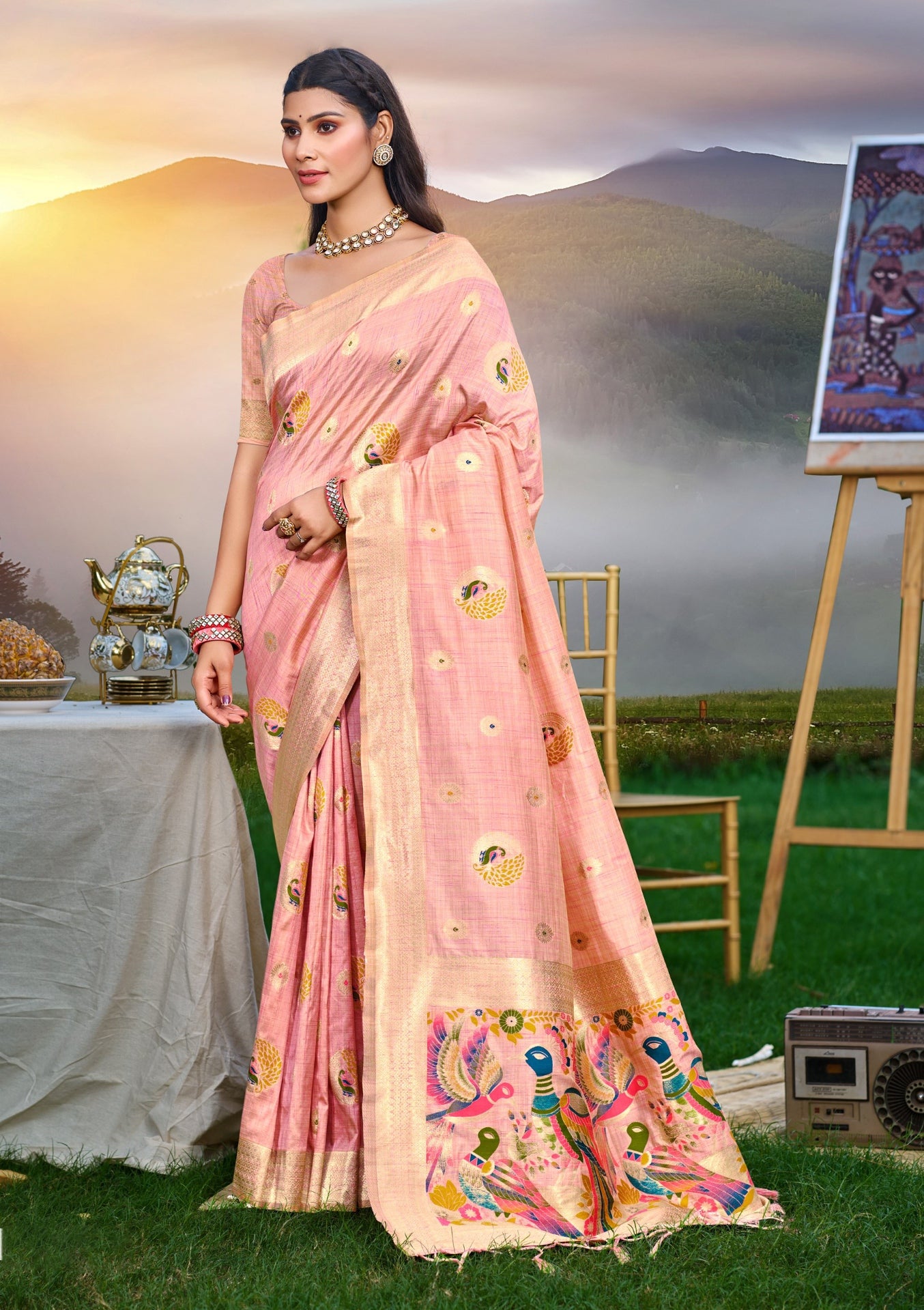Sangam Prints Pink Heavy Assam Silk Saree With Meena Woven Work Traditional Saree