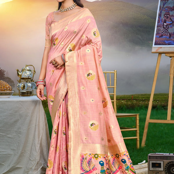Sangam Prints Pink Heavy Assam Silk Saree With Meena Woven Work Traditional Saree - Distacart