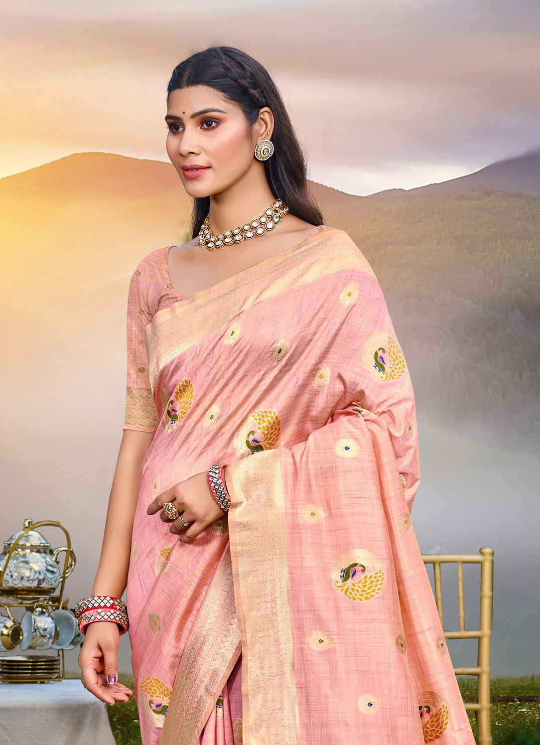 Sangam Prints Pink Heavy Assam Silk Saree With Meena Woven Work Traditional Saree