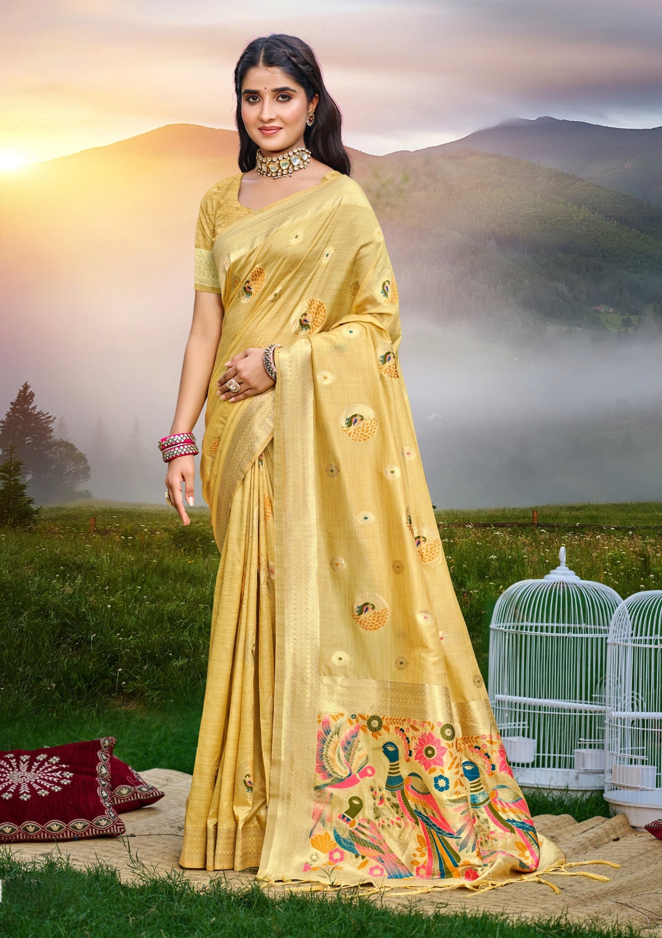 Sangam Prints Yellow Heavy Assam Silk Saree With Meena Woven Work Traditional Saree