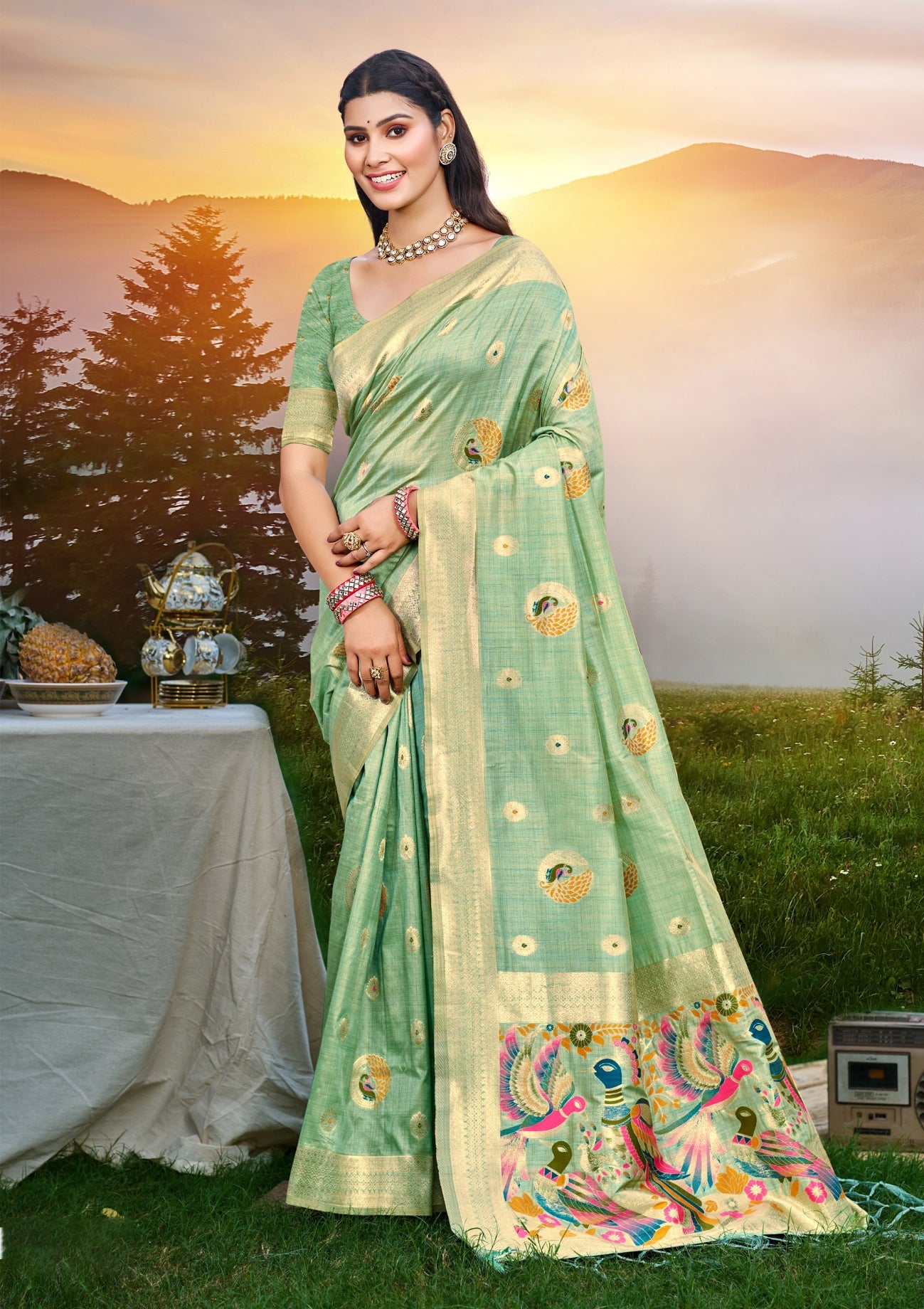 Sangam Prints Sea Green Heavy Assam Silk Saree With Meena Woven Work Traditional Saree